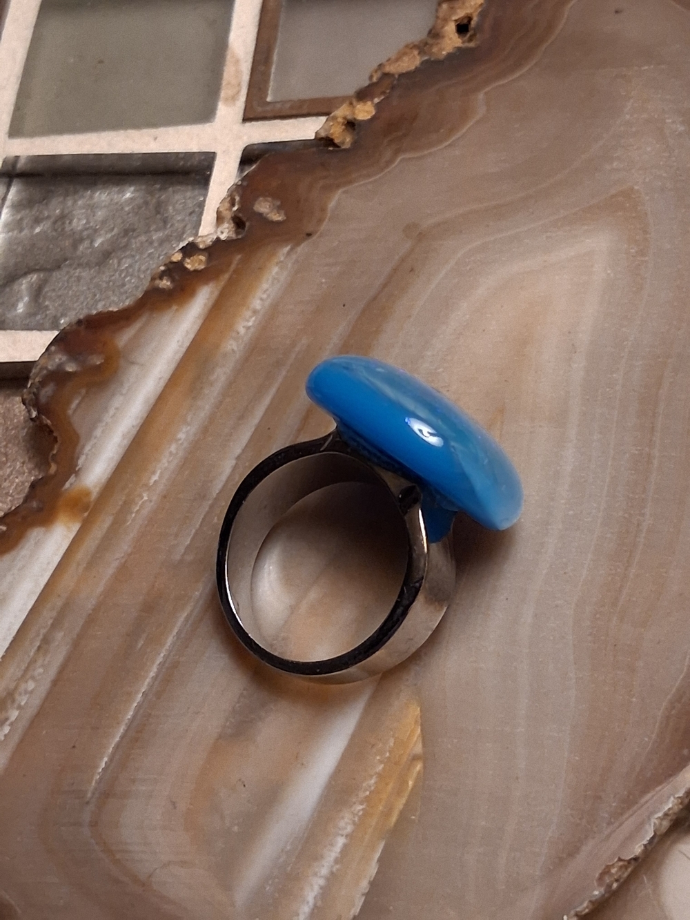 Iridescent Blue Glass Statement Ring - Picture 7 of 8